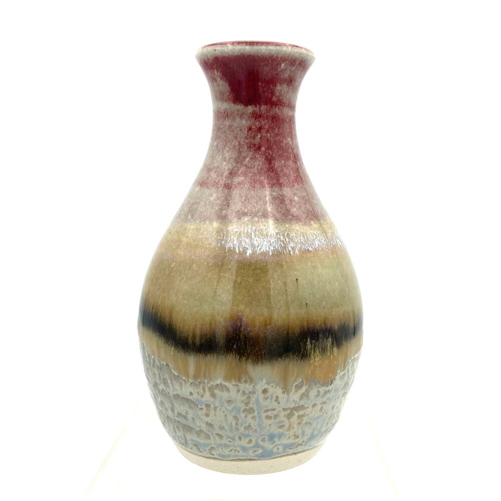 Handmade Pottery Flower Vase 6" Maroon, Beige, Gray